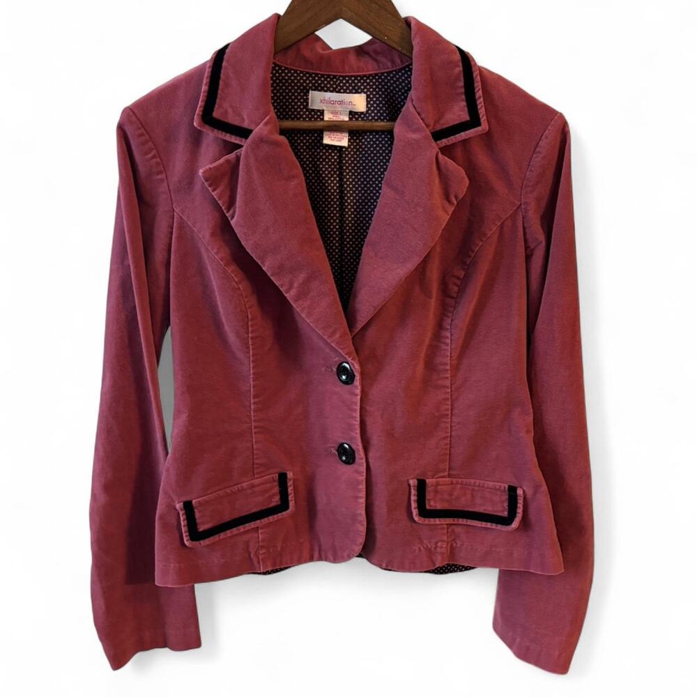 Y2K Xhilaration Pink Velour Blazer Black Velvet Trim Polka Dot Lining sz. L